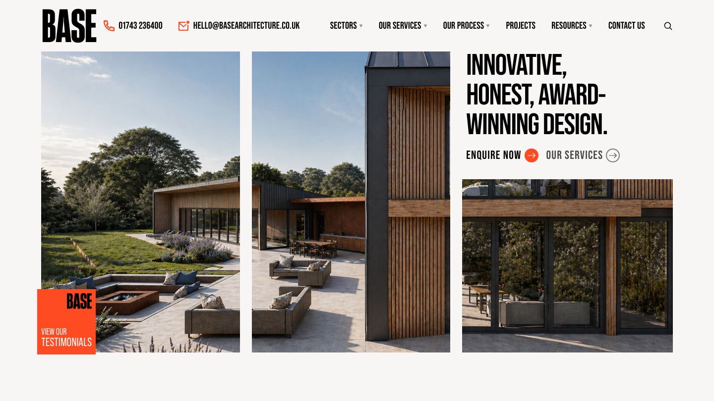 Base Architecture homepage: 'Innovative, honest, award-winning design' headline beside three photographs of a timber-clad house