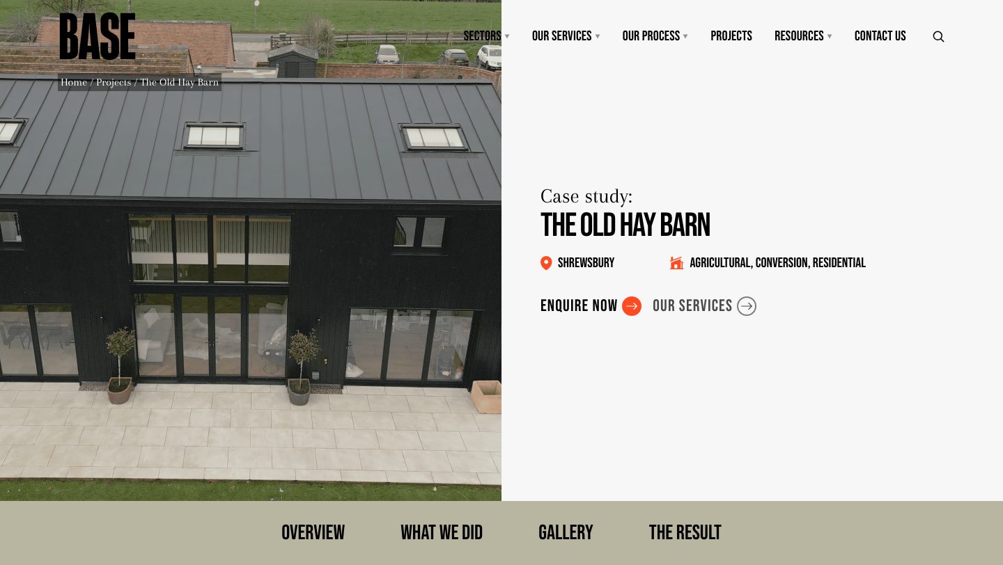 The Old Hay Barn project page on basearchitecture.co.uk: a photograph of the finished barn conversion beside the project title, its location, Shrewsbury, and its type of work