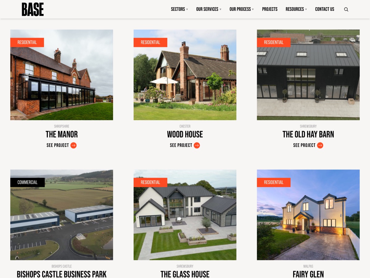 Base Architecture projects page: grid of project case studies, each with a sector tag, location and See project link