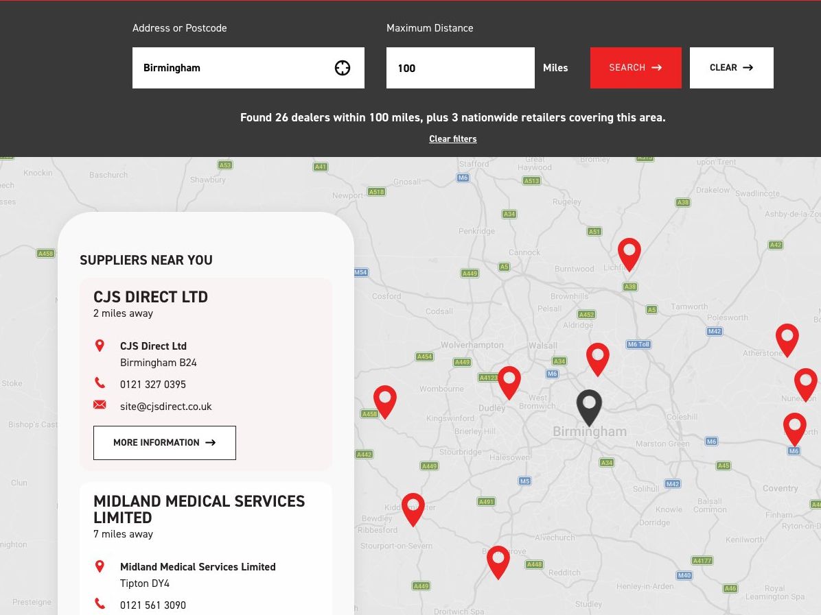 Cattani UK dealer search results for Birmingham, listing nearby suppliers on a map