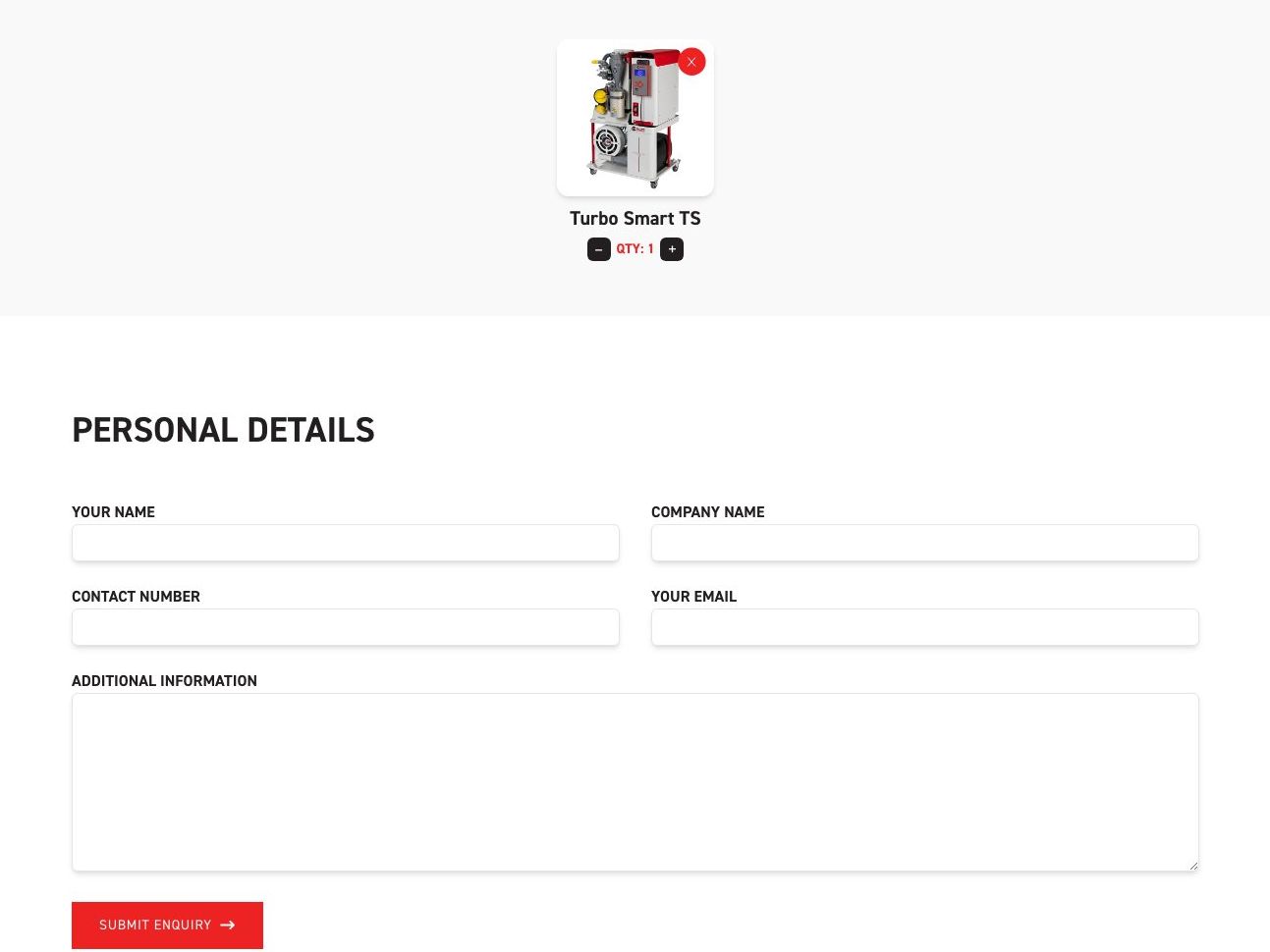 Cattani UK enquiry cart with a Turbo Smart TS added, above the enquiry form