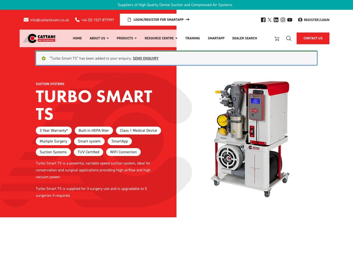 Cattani UK Turbo Smart TS product page after the product has been added to the enquiry