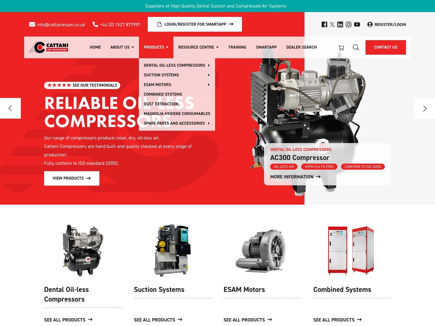 Cattani UK products menu showing the product categories