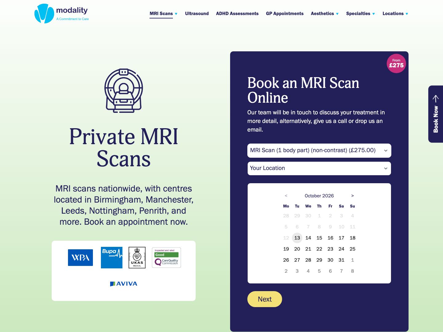 Modality private MRI scans page on the national site, with the online booking form