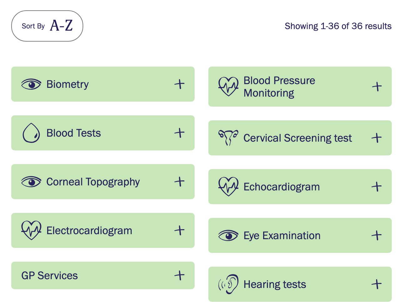 Modality national website services list, showing 36 services