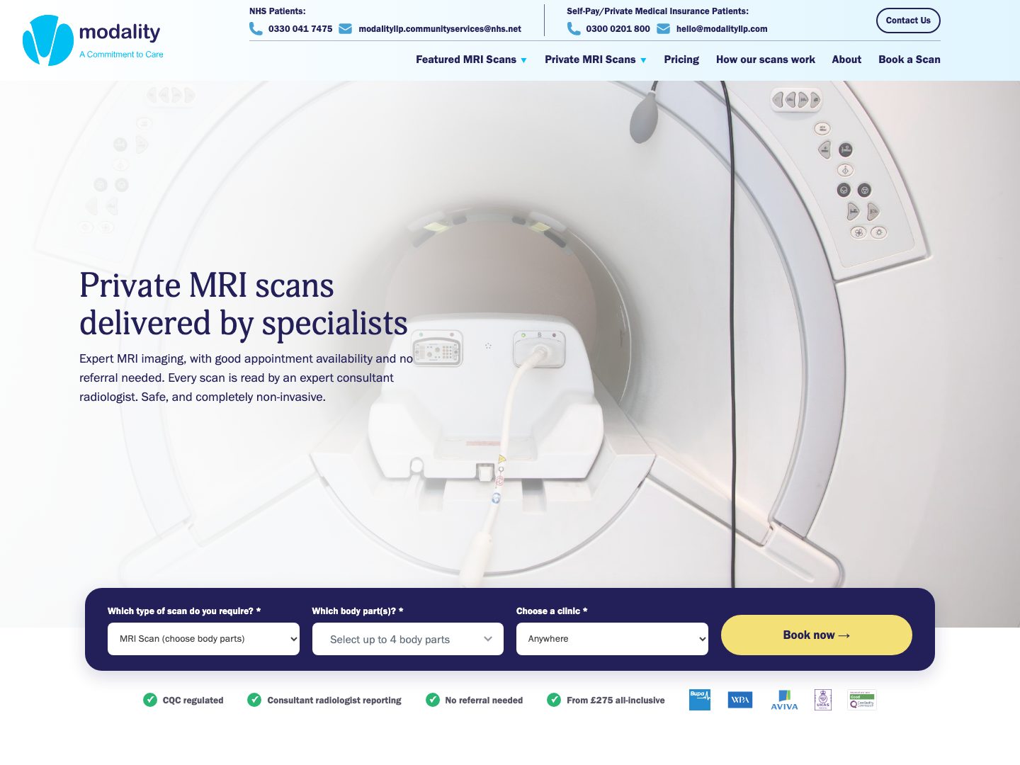 Modality Scans microsite home page at modalityllp.com/scans: the Private MRI scans delivered by specialists headline above the scan booking bar