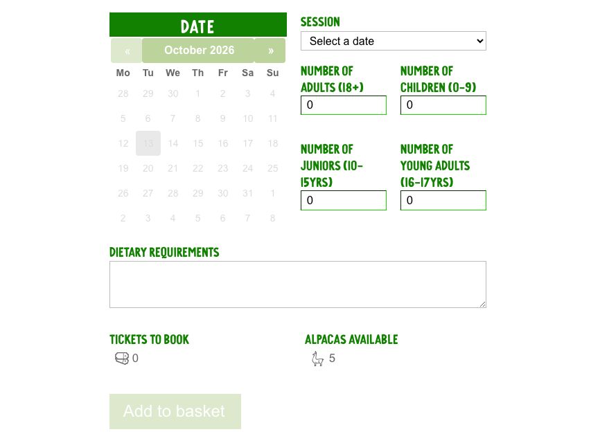 Vallets Farm Barn ticket calculator with a date picker, a session list and fields for adults, young adults, juniors and children, showing the tickets to book and alpacas available